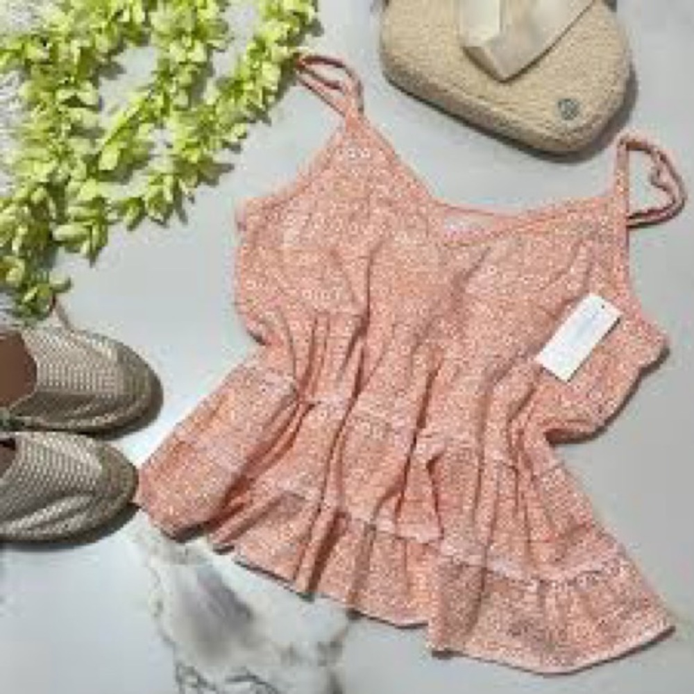 American Eagle Peach Print Tiered Ruffle Tank Top
